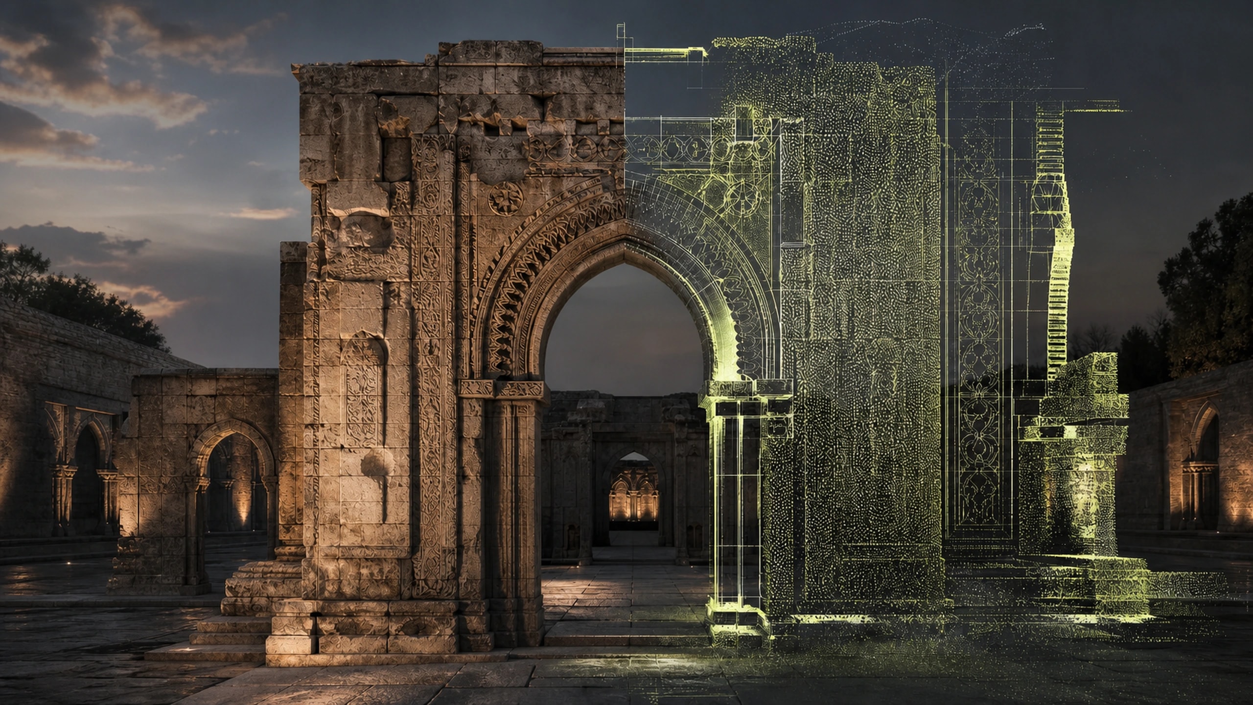Historic stone gateway transitioning into a measured digital point-cloud twin