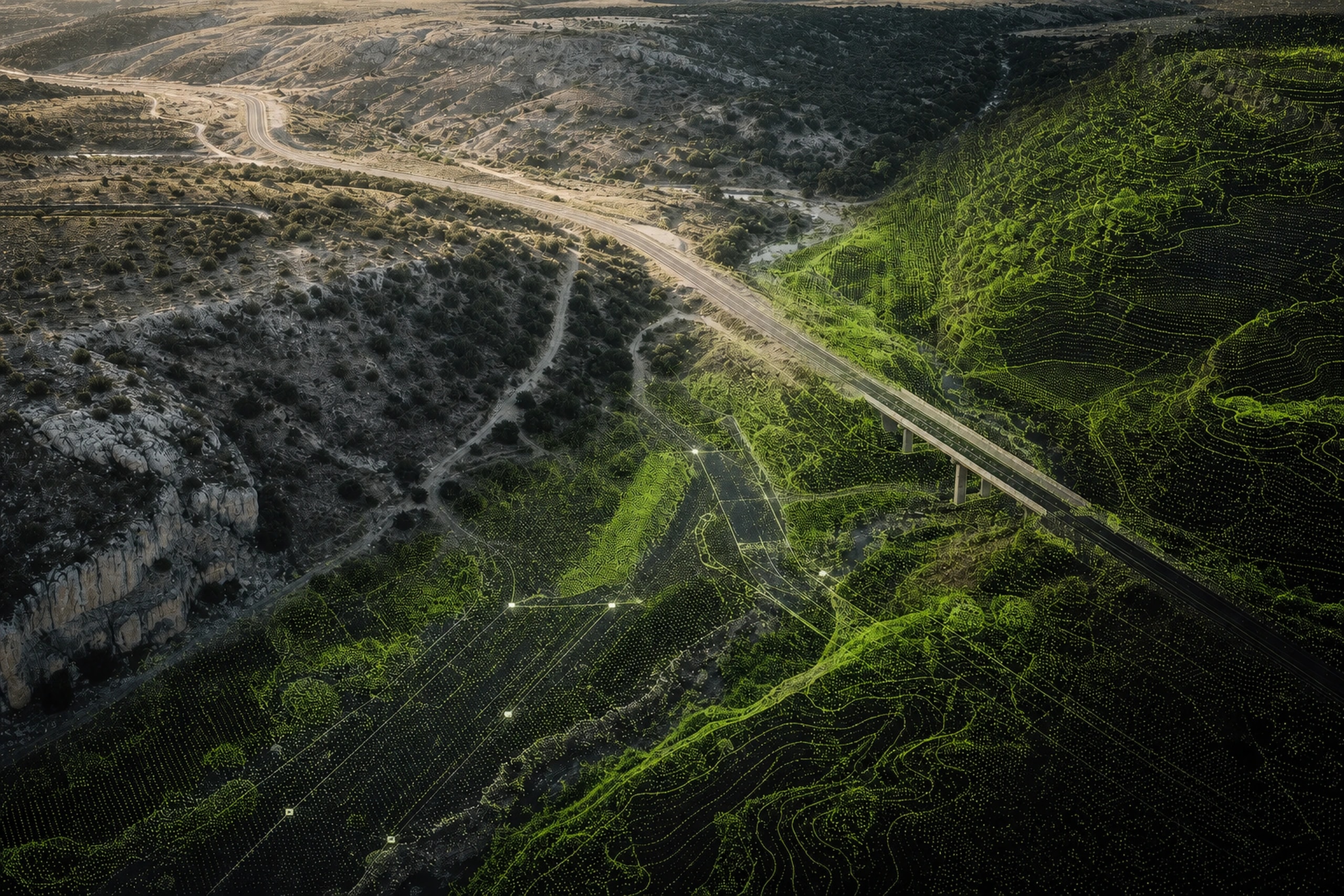 Aerial infrastructure corridor transitioning into contour and terrain data