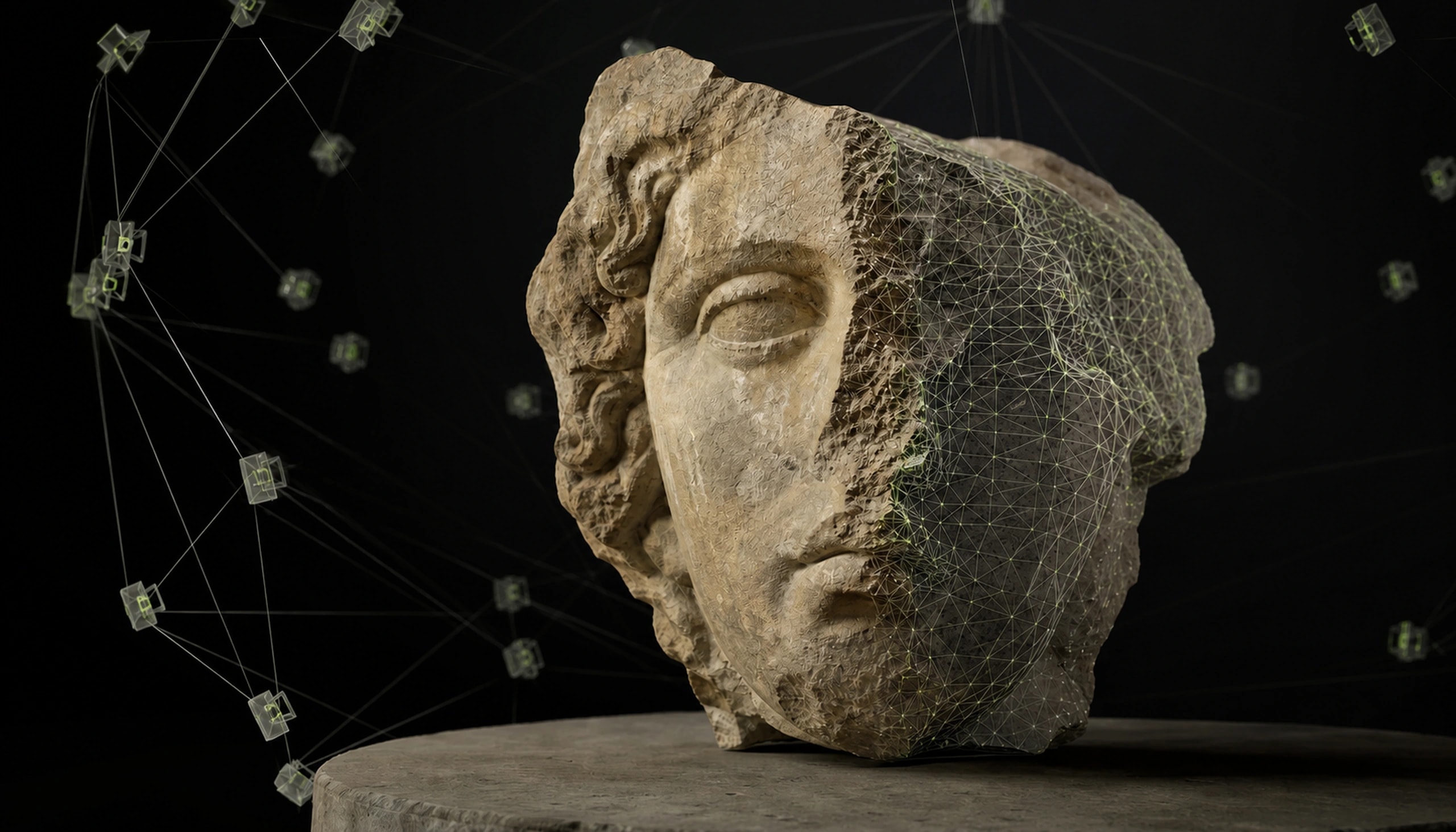 Detailed stone fragment transitioning from photography into a triangulated 3D mesh