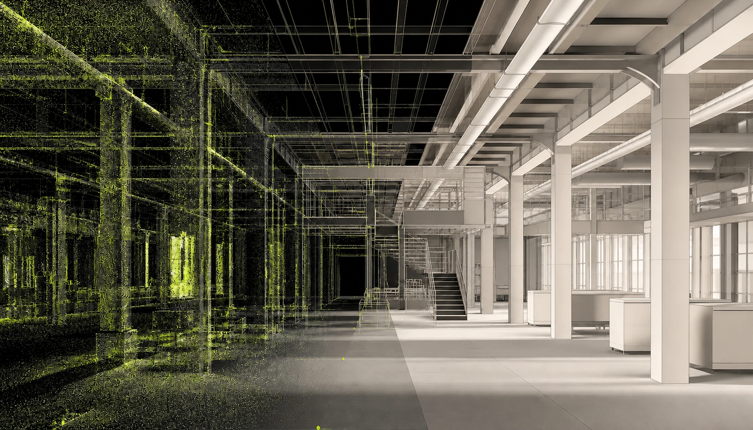 Industrial interior transforming from point cloud into a coordinated BIM model